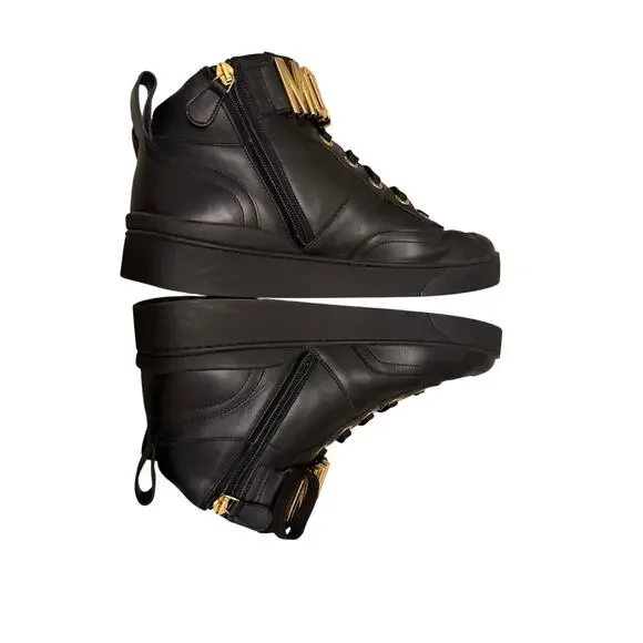 Moschino Black Leather High Top Boots Gold Logo Chain Lace Up Sneakers Love Moschino Women main image 4